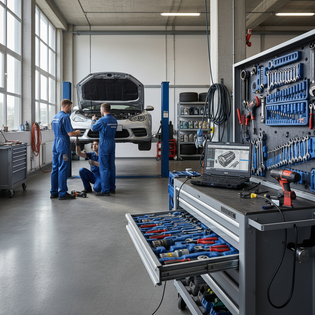 Innenraum einer professionellen Werkstatt in Wien, Fahrzeug auf Bühne
